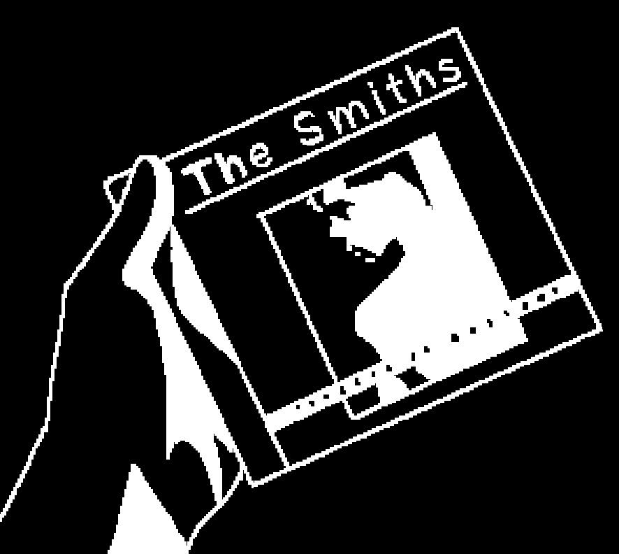 A black and white shot facing down at a black hand holding a CD of The Smith's HATFUL OF HOLLOW album.